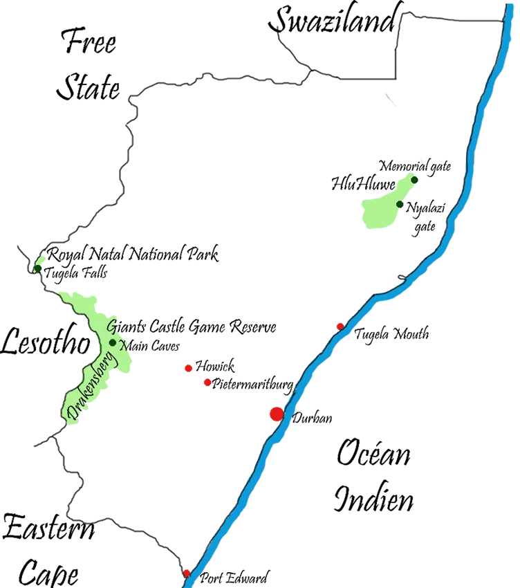 Facile de se retrouver grùce à la carte de la région du Kwazulu Natal !